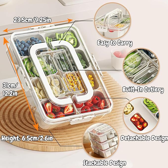 VINGVO Snackle Box, 2Pack Divided Serving Tray with Lid and Handle, 8 Compartment Portable Travel Snack Container for Adults & Kids