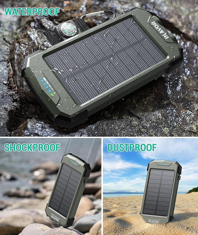 BLAVOR Solar Charger Power Bank 10,000mAh, Portable Wireless Charger, 20W Fast Charging External Battery Pack with USB C for Cell Phones, Solar Panel Charger with Dual Flashlight for Camping