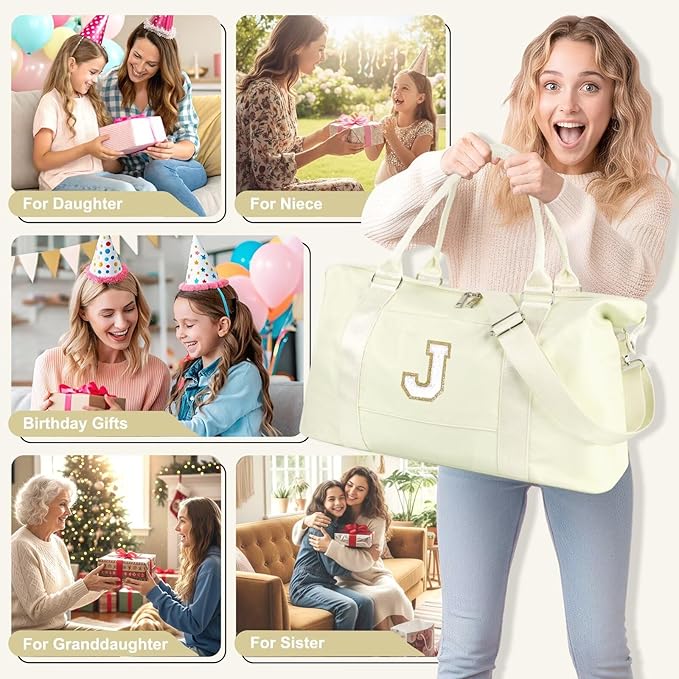 Dance Gym Duffel Bag for Teen Girls, Personalized Initial Travel Weekender Bag,Cute Overnight Carry On Duffle for Women,Sports Travel Cheer Bag,Monogram Christmas Gifts for Tween Preppy(beige-J)