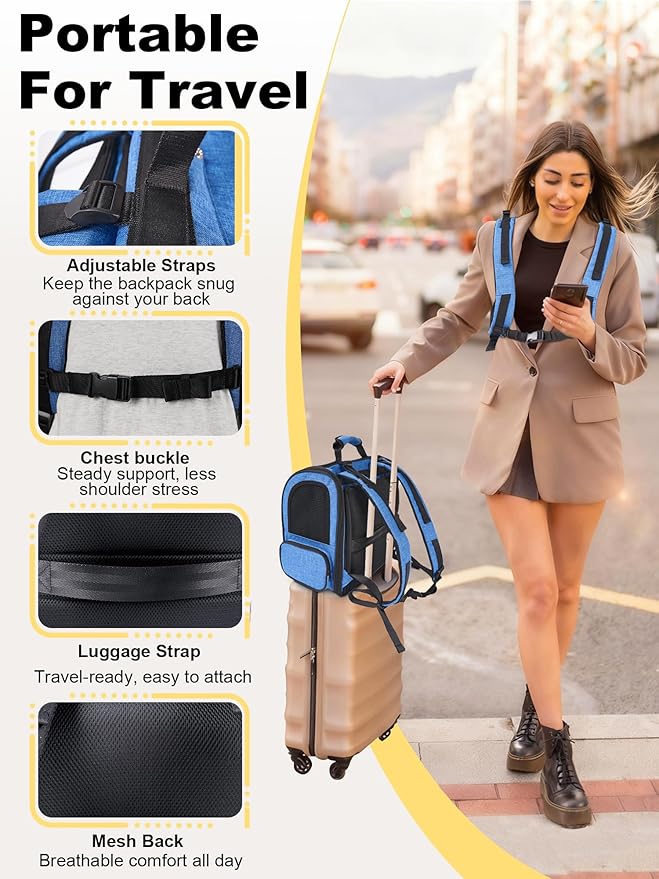 Large Cat Carrier with Tunnel Extension, Portable Small Dog Backpack with Ventilated Mesh Windows, Anti-Scratch Fabric, Luggage Strap and Chest Buckle for Travel, Hiking, Camping,Gray Blue