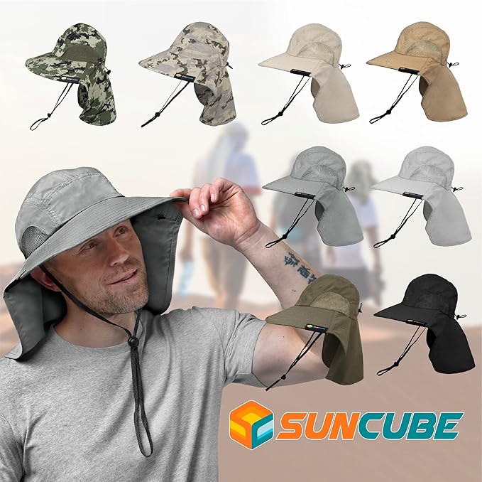 SUN CUBE Wide Brim Sun Hat with Neck Flap, UPF50+ Hiking Safari Fishing Hat for Men Women, Sun Protection Beach Hat