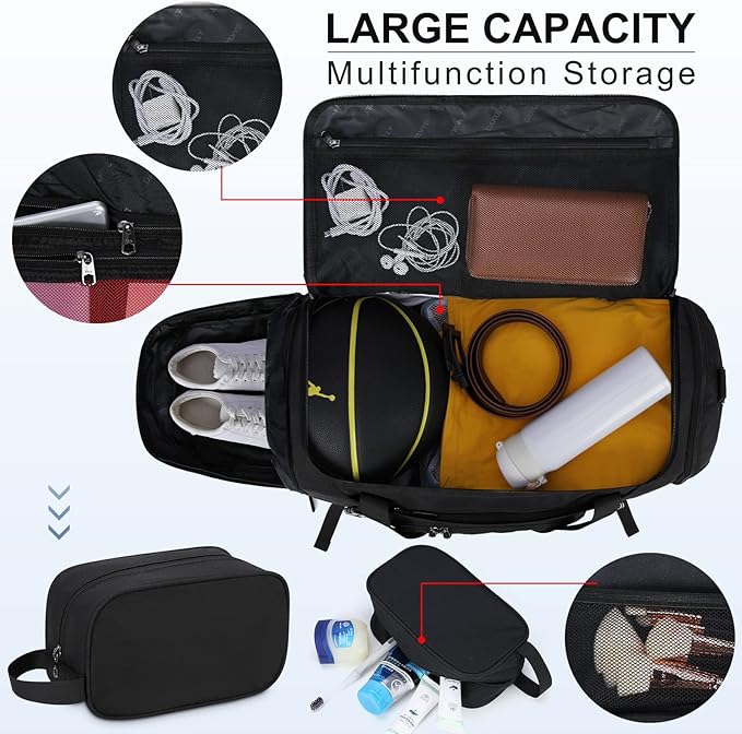 Gym Duffle Bag for Women Men 55L Waterproof Sports Bags Travel Duffel Bags with Shoe Compartment,Wet Pocket Large Weekender Overnight Bag with Toiletry Bag,Black
