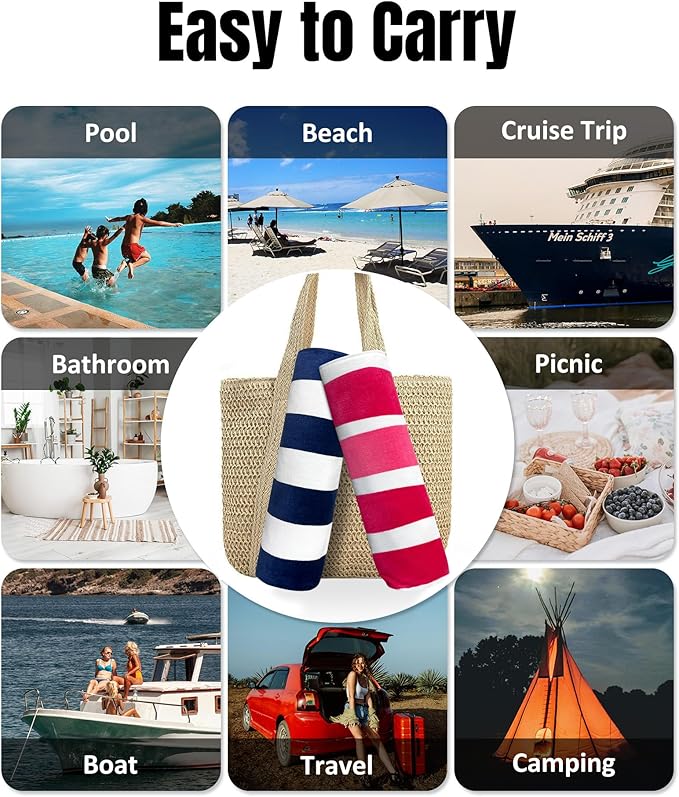 cabanana Large Beach Towel Oversized - Cotton Velour 35 x 70 Inch Pink Striped Terry Pool Towel, Cabana Soft Swimming Towel for Adults Women Men (Pink)