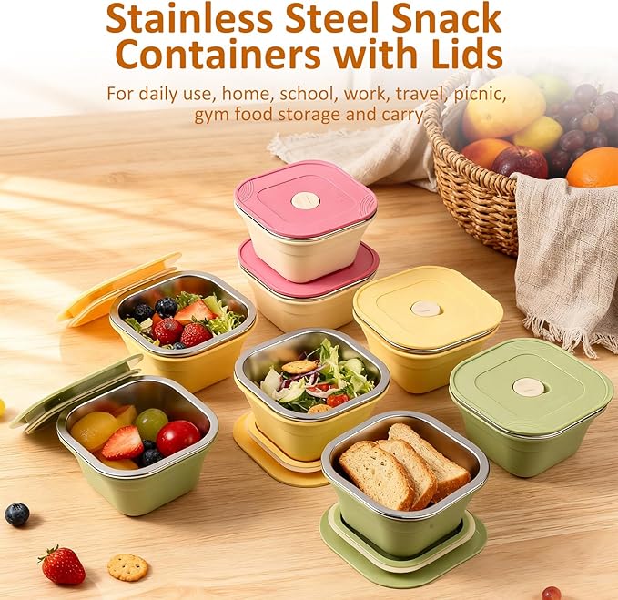 Teecyhooo 12 Pack Stainless Steel Snack Containers with Airtight Lids and Spoons, 13 oz Reusable Leak-proof Small Snack Lunch Box Food Storage Deli Containers for Fruit, Oats, Cookies, Meal Prep