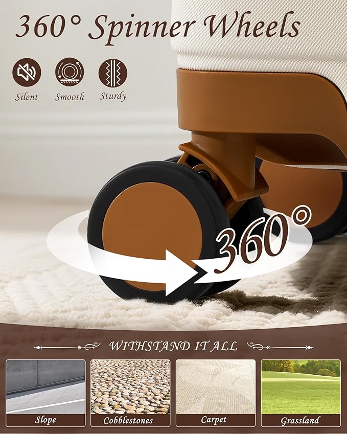 TAKUMI Carry On Luggage Set 3 Piece ABS+PC Hardshell Suitcases with Duffel Bag Double Spinner Wheels Travel Luggage with TSA Lock Lightweight Suitcase Set(WHITE BROWN, 3 PIECE SET(20/DB/TB))