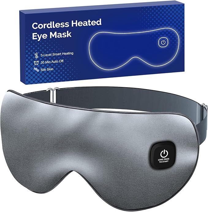 Cordless Heated Eye Mask for Dry Eyes, Blocking Light Warm Compress Rechargeable, 1000mAh Electric Eye Heating Pad for Sleeping, Washable Silk Heat Sleep Mask with 3 Temperature Settings, Grey