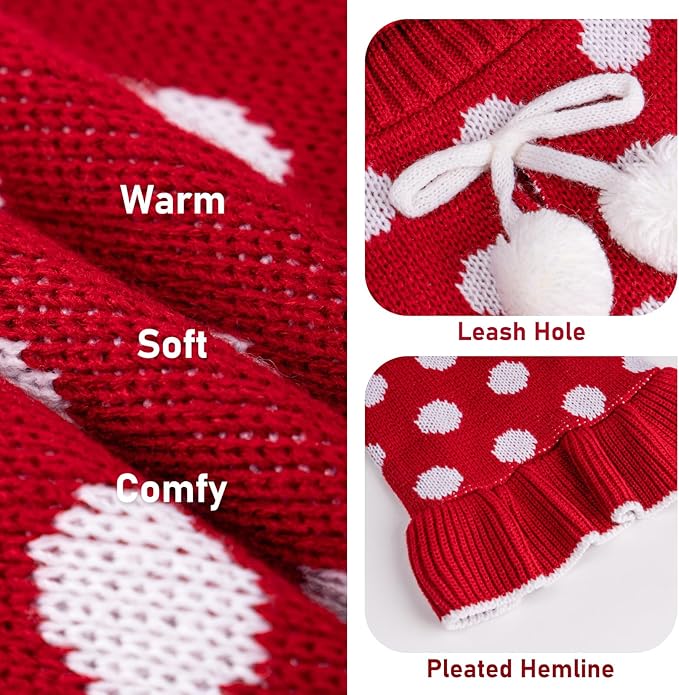 KYEESE Dog Sweater Dress with Leash Hole Polka Dot Turtleneck for Girl Dogs Sweaters Red Knit Pullover with Pom Pom Ball