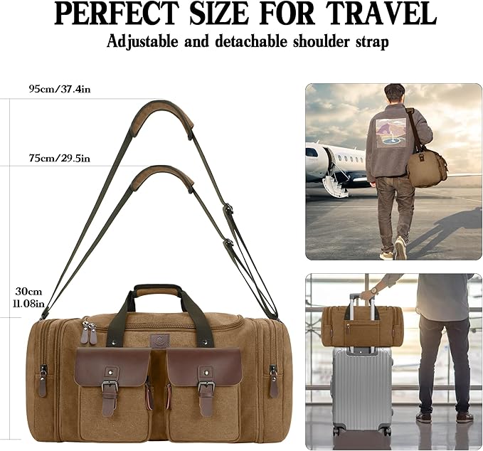 Canvas Duffle Bag for Men 50L Travel Duffel Bags Expandable Genuine Leather Duffel Overnight Weekender Carry On Bag Two Zipper Pockets Travel Bag (Coffee, Large-50L)