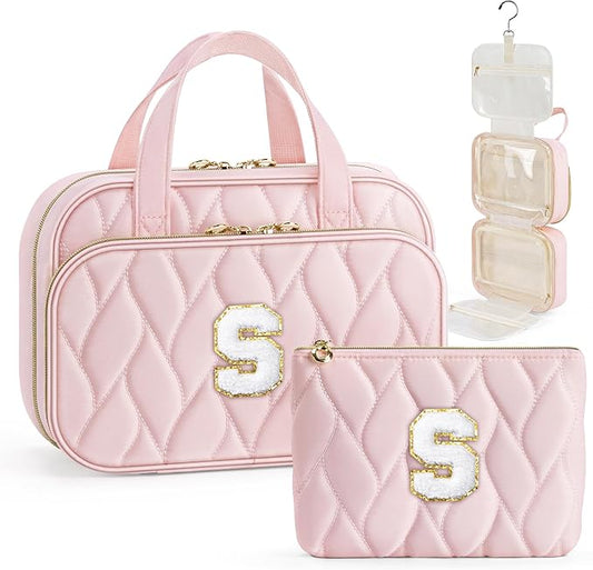 YOOLIFE Hanging Toiletry Bag - Large Capacity Personalized Travel Toiletry Bag for Women, Cruise Ship Essentials - Letter S, Pink