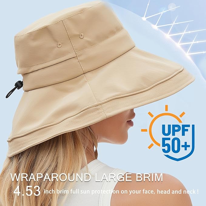 Sun Hats for Women Men UV Protection Wide Brim Bucket Hat with Ponytail Hole Waterproof Gardening Fold-Up Summer Cap