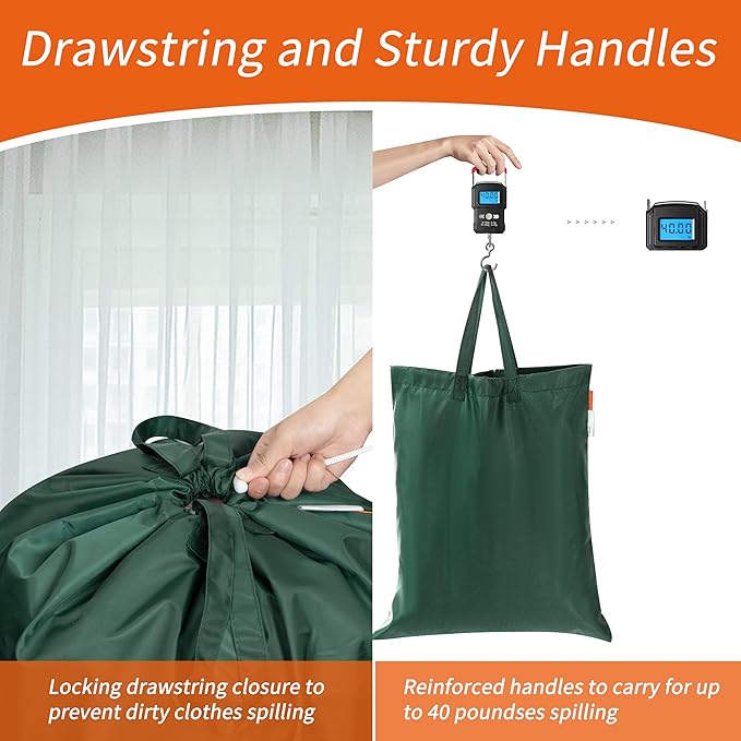 Polecasa Small Heavy Duty Laundry Bag with 130gsm Tear Resistant Fabric and Handles, Easy to Carry Durable Dirty Clothes Drawstring Bag, Perfect for College Dorm, Travel 21”x24”, Green