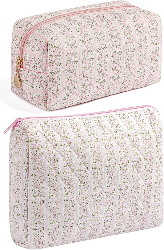 Makeup Bag Travel Cosmetic Bag for Women Girls, Zipper Make Up Pouch, Floral Flowers Toiletry Organizer Makeup, Portable Storage Cosmetic Travel Cloth Bag (2 Pack (L+S)/Pink Floral)