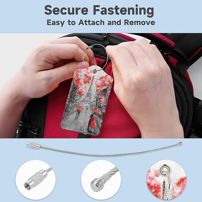 Set of 2 Luggage Tags for Suitcases, Leather Romantic Eiffel Tower Baggage Tags with Stainless Steel Loop, Privacy Name ID Card Cover Kawaii Travel Labels for Women Men Kids Girls