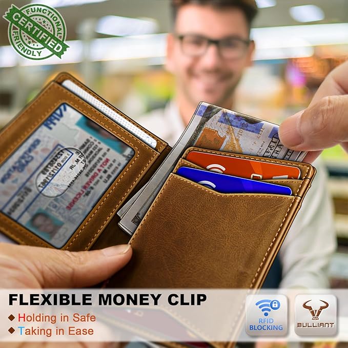 BULLIANT Men Wallet,Top Grain Leather Slim Wallet Magnetic Closure Simplifed Bill Folder RFID Blocking 11Cards