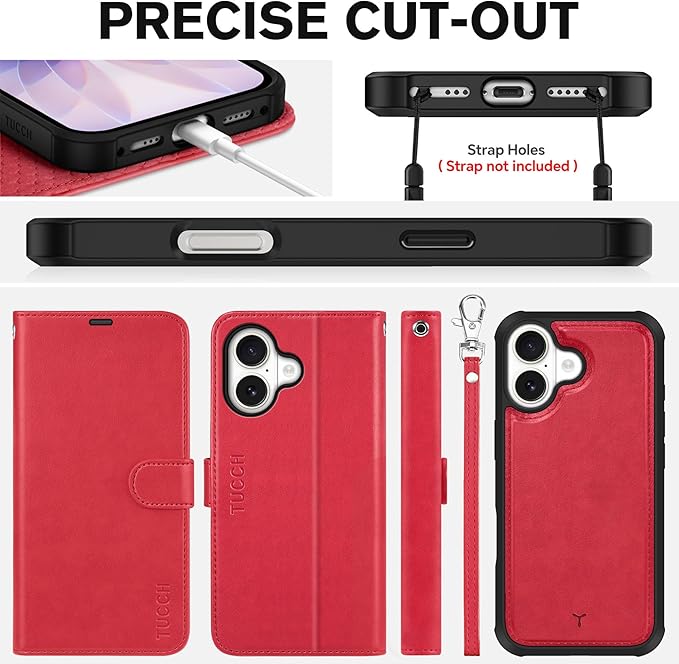 TUCCH 2-in-1 Removable Case Wallet for iPhone 17 (6.3") 2025, Detachable Wrist Strap, 4 Card Holders RFID Blocking, Wireless Charging, Stand, Magnetic, PU Leather, Shockproof Folio Cover, Red