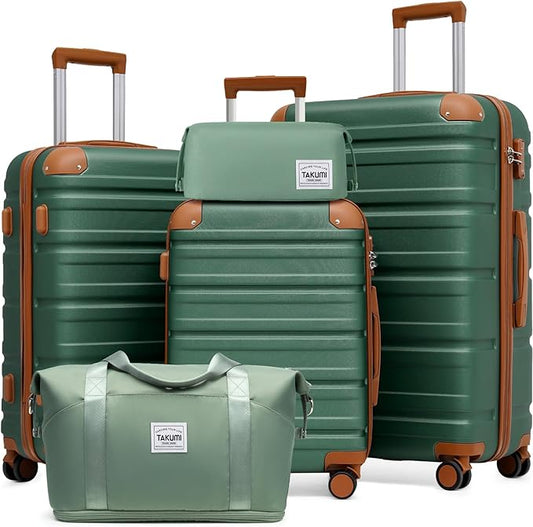 TAKUMI Luggage Sets 5 Piece Lightweight Carry On luggage with Duffel Bag ABS+PC Hardshell Suitcases with YKK zippers Double Spinner Wheels Travel Luggage with TSA Lock(GREEN BROWN, 5 PIECE SET)