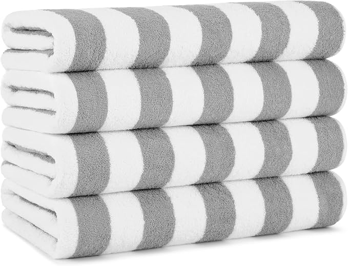 Arkwright California Cabana Stripe Beach Towel - Pack of 4, Large Soft Quick Dry Cotton Terry Towels Set for Pool, Swim, and Hot Tub, Oversized 30 x 70 in, Grey