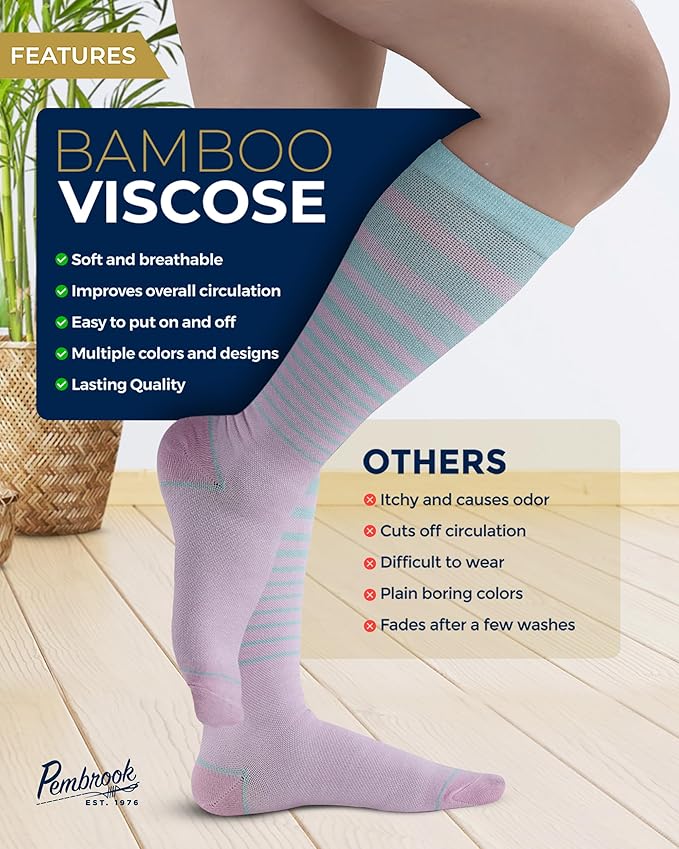 Pembrook Bamboo Viscose Light Compression Socks - 3 Pairs | 8-15 mmhg Compression Socks | Knee High Comfort Support Socks