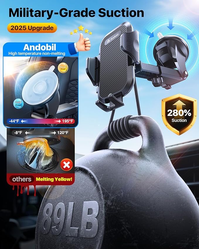 andobil 2026 Military-Grade Car Phone Holder [Upgraded Strongest Suction & Clip] Phone Holders for Your Car, Dashboard Windshield Vent Car Phone Mount for iPhone 17 Pro Max 16 15 14 13 12 Android