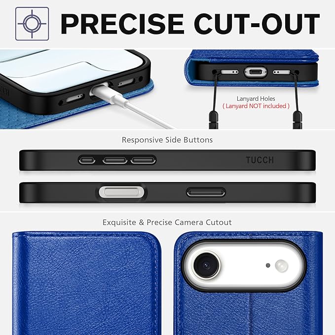 TUCCH Wallet Case for iPhone Air (6.5") 2025, 3 Credit Card Holders, RFID Blocking, Stand, PU Leather, Shockproof TPU Interior Shell, Protective Flip Folio Cover, Klein Blue