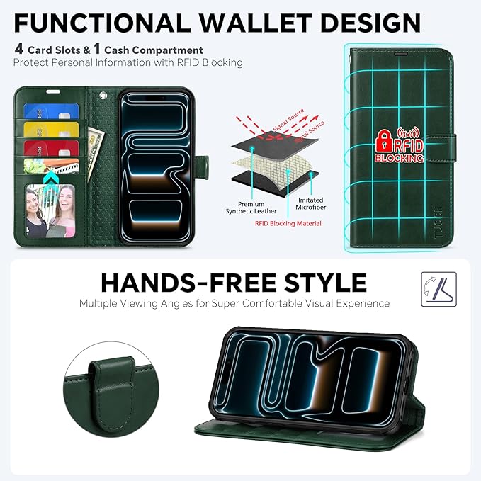 TUCCH Compatible with iPhone 17 Pro (6.3") Detachable Wallet Case with 4 Card Holder, Wireless Charging PU Leather Flip Folio with RFID Blocking Stand Wrist Strap Shockproof Phone Cover, Evergreen