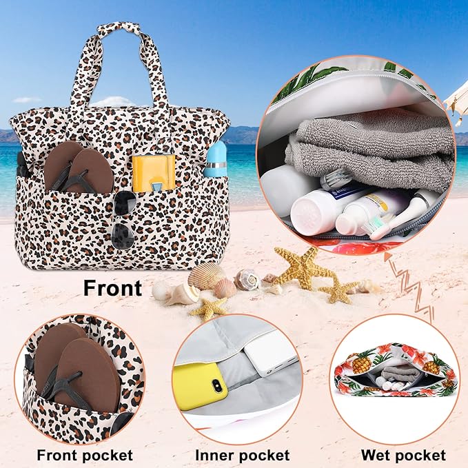 Beach Pool Bags Tote for Women Ladies Large Gym Tote Carry On Bag With Wet Compartment for Weekender Travel Waterproof
