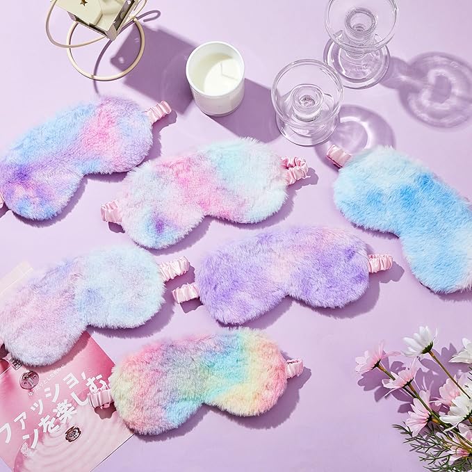 Cuffbow 6 Pcs Plush Sleep Eye Mask Silk Furry Eye Covers for Sleeping Cute Sleep Mask Fluffy Comfortable Sleeping Blindfold for Travel Sleepover Nap Party Supply Women(Tie Dye,Rainbow)