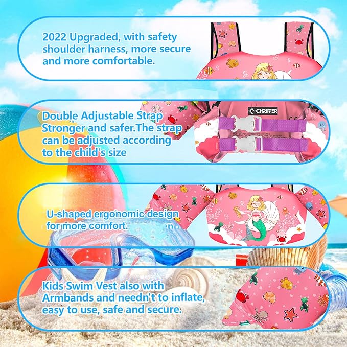 Chriffer Kids Swim Vest Life Jacket for 30-55 Pounds Boys and Girls, Toddler Floaties with Shoulder Harness Arm Wings for 2,3,4,5,6,7 Years Old Baby