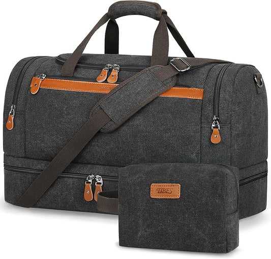 Canvas Travel Duffel Bag for Men - 21 Inch Expandable 47L Weekender Bags with Trolley Sleeve & Toiletry Bag, Overnight Carry On Luggage with Removable Shoulder Strap, Durable & Water-Resistant