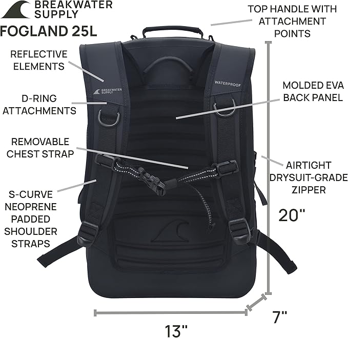 Breakwater Supply™ Waterproof IP68 Submersible Backpack with Airtight Zippers | Laptop Travel Outdoors | Fogland 25L 20L 15L
