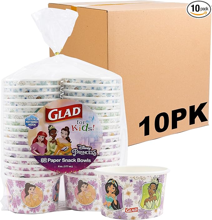 Glad for Kids Disney Princess Disposable Paper Snack Bowls, Lids Not Included, Floral Frames - Heavy Duty, Microwavable, Disposable Snack Cups with Lid for Soup or Ice Cream, 6 Oz, 20 Count - 10 Pack