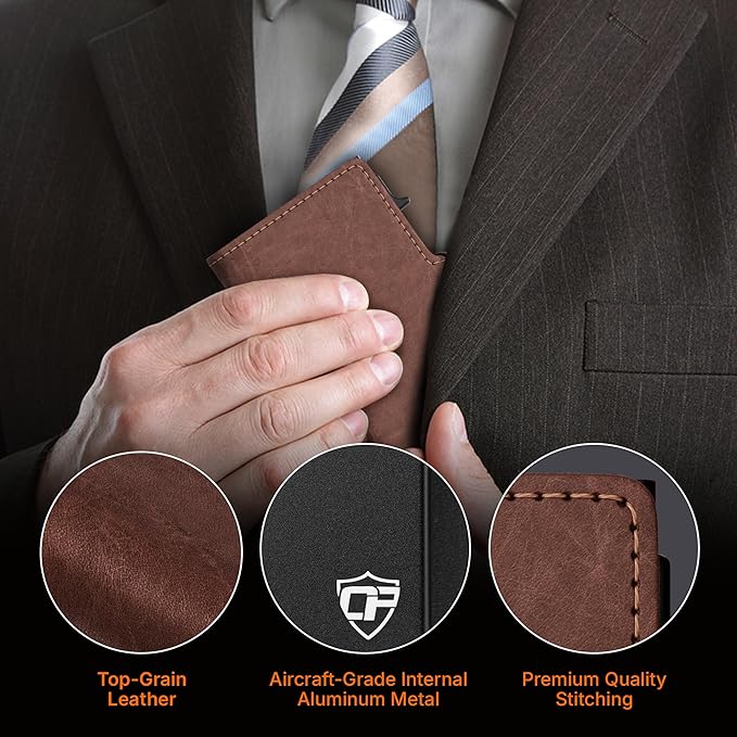 Conceal Plus Wallet for Men, Pop Up Wallet Credit Card Holder - RFID Blocking, Slim Minimalist Credit Card Case (Distressed Brown Genuine Leather)