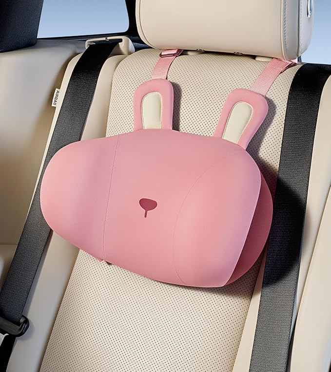 BEBAS Car Neck Pillow Travel - Adjustable Memory Foam Neck Support Pillow for Sleeping, Breathable & Machine Washable Cover, Soft Support for Adults & Kids - Gift (Pink - Rabbit)