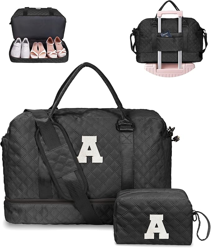 Vogewood Trendy Gifts for Women-Initial Duffle Bag with Shoe Compartment, Personalized Weekender Bags, Monogram Overnight Bag for Women, Letter Travel Bags with Makeup Pouch (Letter A)