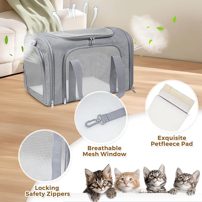Cat Carrier Soft for Pets Up to 25 Lbs, Cat Travel Bag Soft-Sided with Padded Shoulder Strap, Pet Dog Carriers for Small Dogs Travel Puppy Carry Airline Approved, Grey