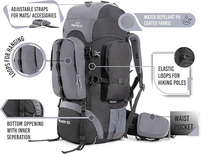 Tripole Walker 65 Litres Rucksack | Internal Frame With Metal Rod | Rain Cover | Bottom Opening | Laptop Section