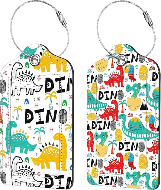 2 Pack Luggage Tags for Suitcase,PU Leather Travel Cruise Luggage Tag with Privacy Cover,Name ID Label and Steel Ring,Travel Essentials for Women Men (Dinosaur with Palms)