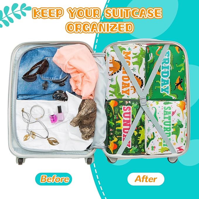 Paterr 7 Pcs Packing Cubes for Travel Kids Days of Week Compression Packing Cubes Colorful Luggage Organizers Suitcase Camp(Dinosaur)