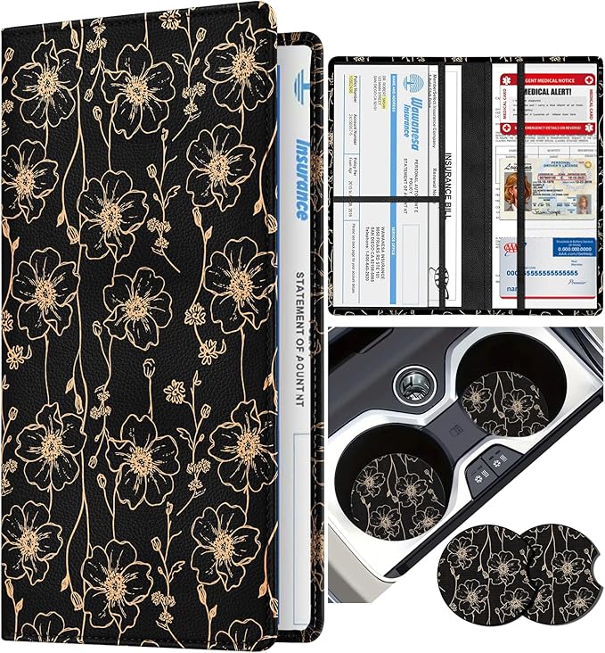 Slohif Car Registration and Insurance Card Holder - Art Vehicle Glove Box Organizer Women with Magnetic Shut Leather Automobile License Holders Coasters Auto Accessories Case for Document