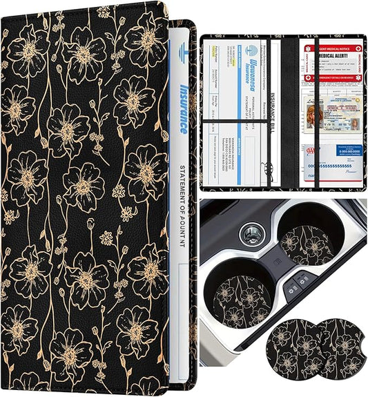 Slohif Car Registration and Insurance Card Holder - Art Vehicle Glove Box Organizer Women with Magnetic Shut Leather Automobile License Holders Coasters Auto Accessories Case for Document