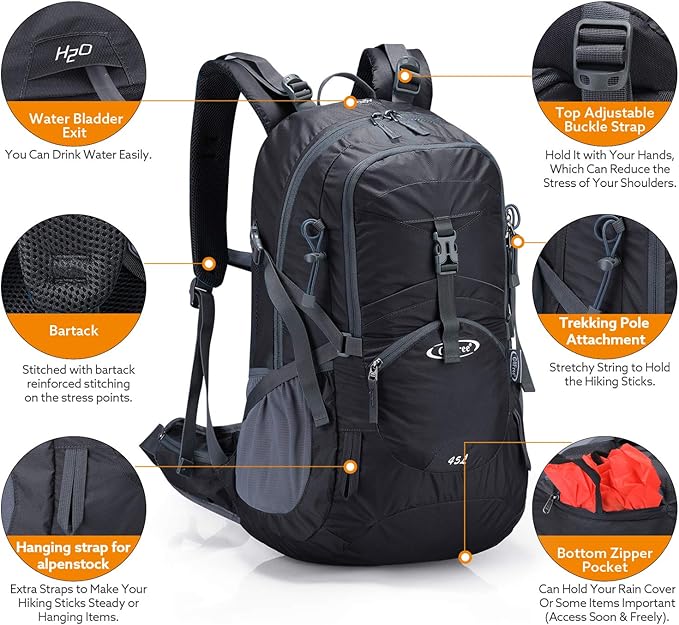 G4Free 45L Hiking Travel Backpack Waterproof with Rain Cover, Outdoor Camping Daypack for Men Women (Black)