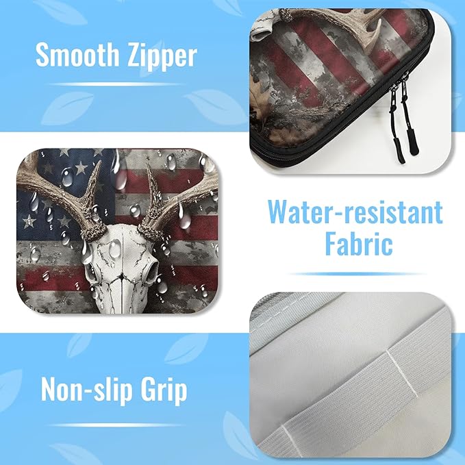 Vintage Deer Skeleton Travel Cable Organizer Pouch American Flag Electronics Accessories Carry Case Portable Water Resistant Storage Bag for Cord Charger Phone Earphone SD Card