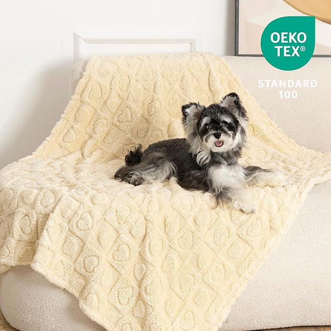 gogobunny Calming Plush Dog Cat Blanket 300GSM Coral Fleece, Ultra-Soft Machine Washable Pet Bedding for Small Medium Dogs Cats Puppies Kittens (Beige, 30x40)