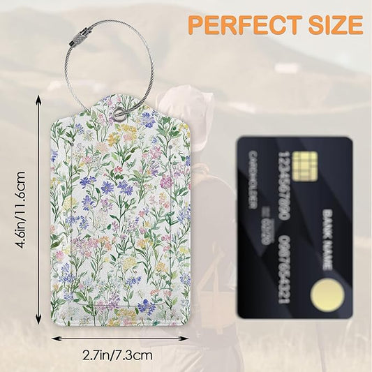 Colorful Vintage Watercolor Wildflower 3 PCS PU Leather Luggage Tags for Suitcase, Luggage Tag with Privacy Flap, Name ID Label and Metal Loop for Women Men Baggage Handbag School Bag Backpack