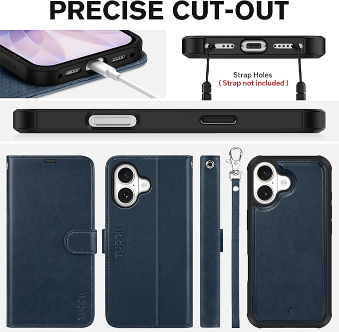TUCCH 2-in-1 Detachable Wallet Case for iPhone 17 (6.3-inch) 2025, RFID Blocking | 4 Card Holders | Wireless Charging | Wrist Strap | Kickstand | Magnetic | PU Leather Protective Cover | Dark Blue