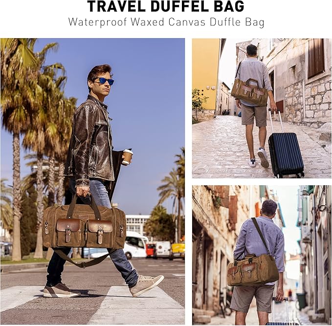 Wildroad Waxed Canvas Genuine Leather 50L Waterproof Duffle Bag - Vintage Travel Weekender Overnight Carry On