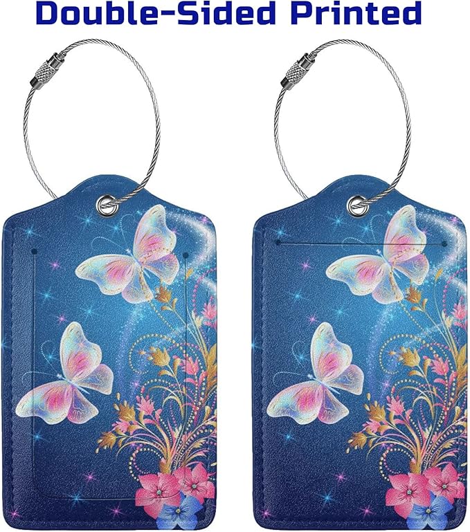 2 Pcs Beautiful Blue Luggage Tags with Two Butterflies for Women Girls Travel, Flower PU Leather Bag Tags for Suitcases with Stainless Steel Loop & Privacy Name ID Card, Labels Identifiers