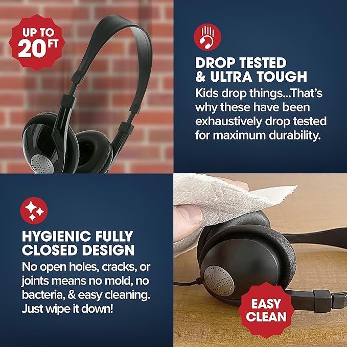 SENTRY Bulk Rugged School Headphones, Durable for Kids, Students, Teachers, Classrooms, 3.5mm or USB-C Jack Options, Optional Boom Mic for Online Learning (8 Count - USB C Inline Mic, 8, Count)