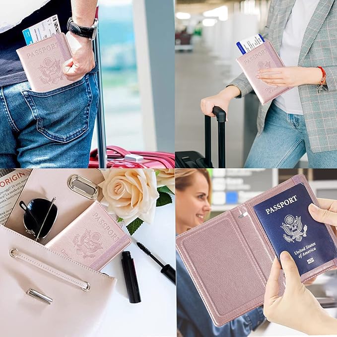Eoehro Passport and Vaccine Card Holder, Passport Holder Vaccine Card Slot, Passport Wallet, Passport Cover, Passport Case, Passport Holder for Airplane Travel Essentials (E-Elastic band Rose gold)