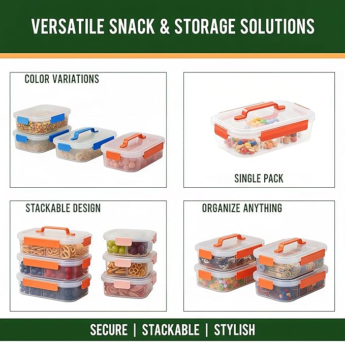 Li & Zhao Snackle Box Container - 4-Compartment Divided Snack Serving Tray with Silicone Handle, Perfect for Picnics, Leak-Proof, and Dishwasher-Safe Dressing Containers(Orange)